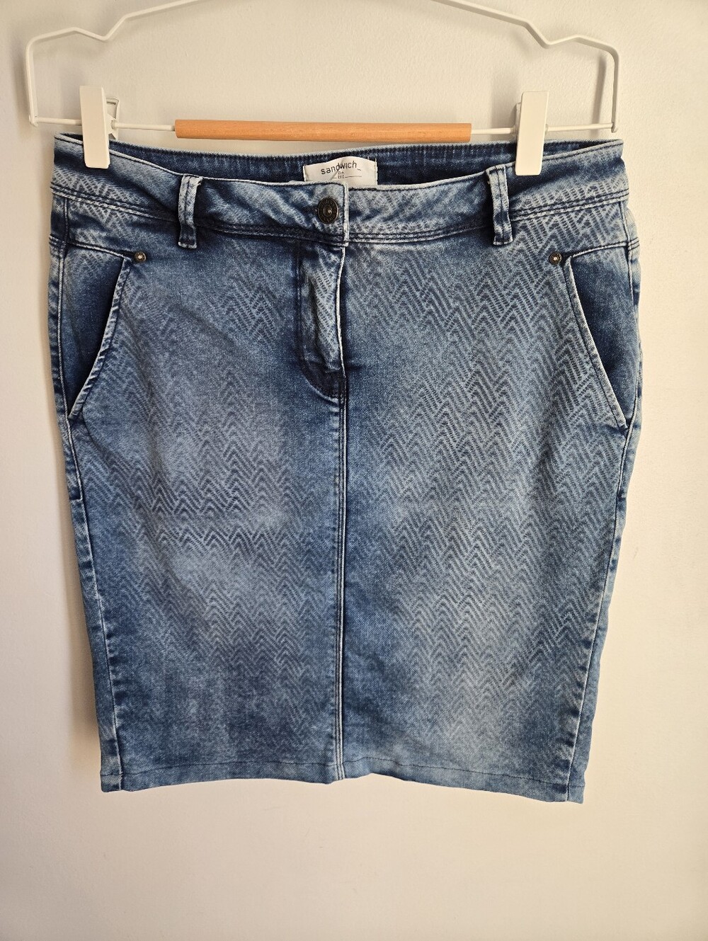SANDWICH Blue Patterned Denim Pencil Skirt